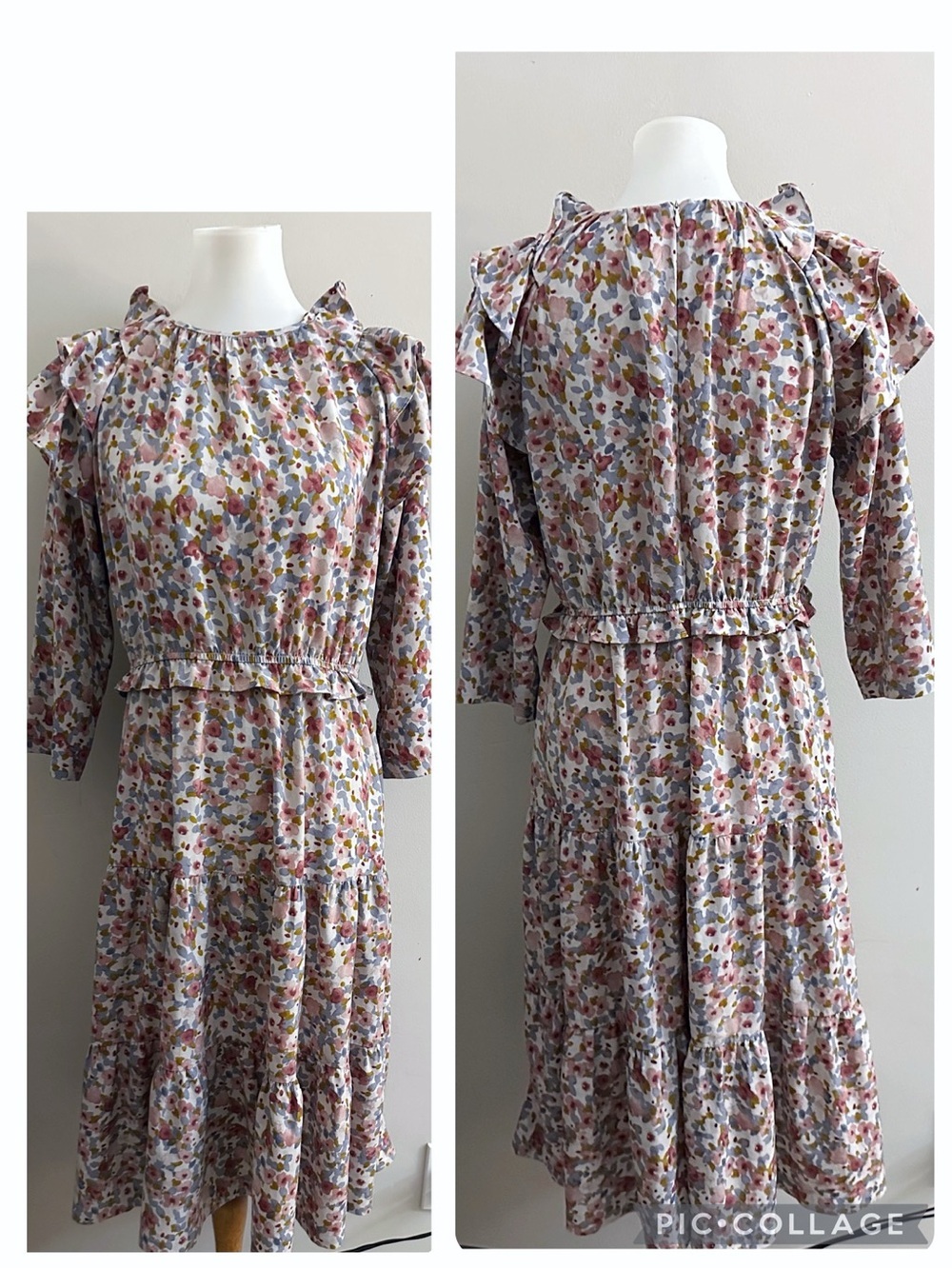 The Middle Floral Ruffle Cottagecore Boho Midi Dress Prairie Romantic